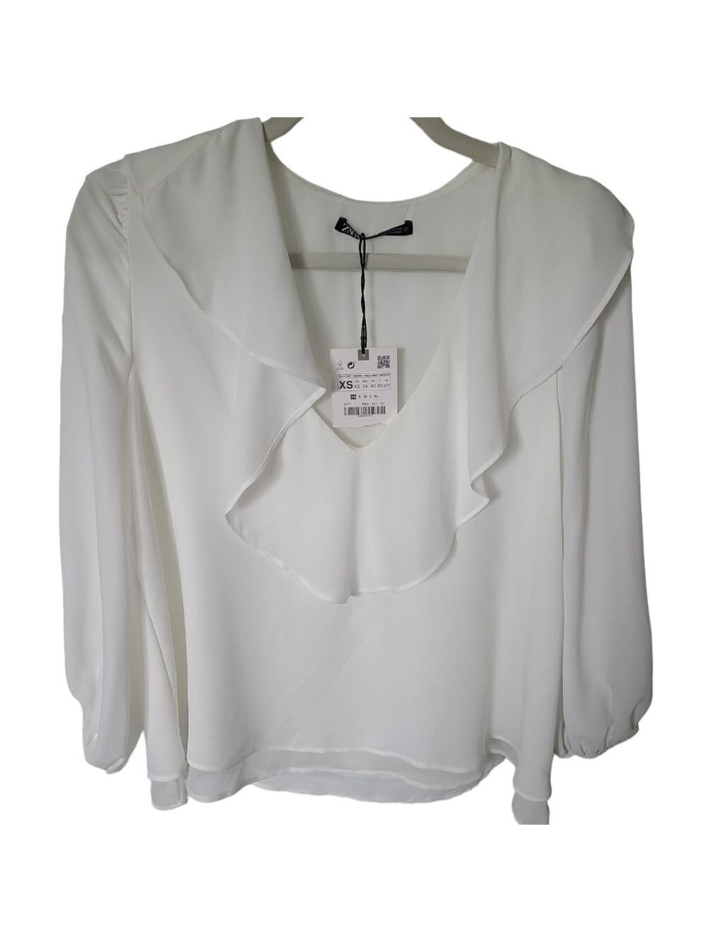 ZARA White Ruffled Collar 3/4 Sleeve Sheer Blouse Size XS NWT